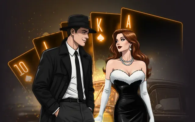 Wanted Win casino artwork with a couple in front of glowing playing cards Wanted Win casino artwork with a couple in front of glowing playing cards