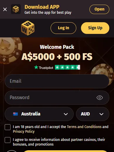 Wanted Win login screen on a phone with Log In and Sign Up buttons